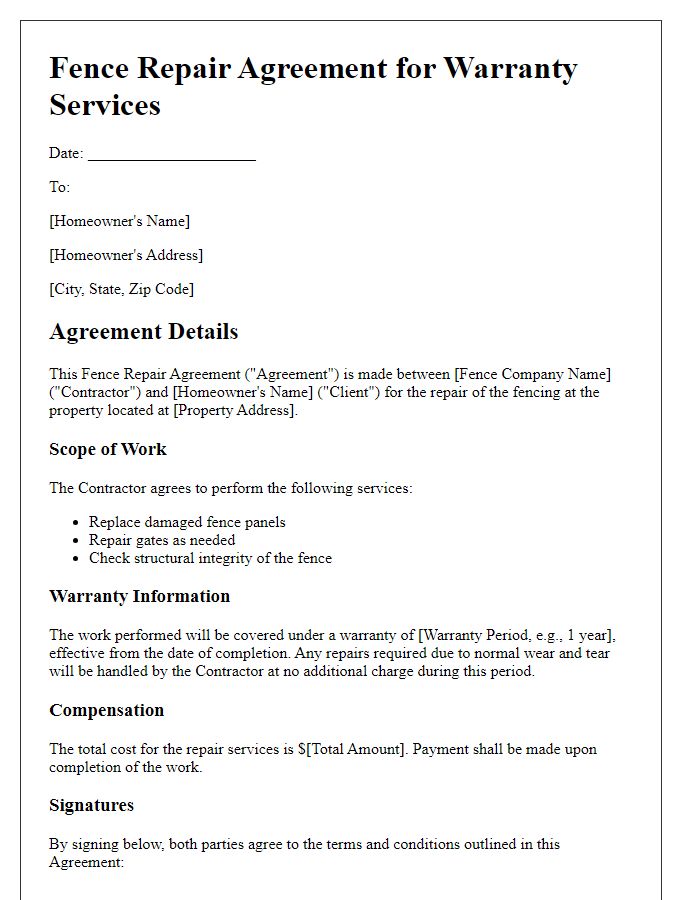 Letter template of fence repair agreement for warranty services