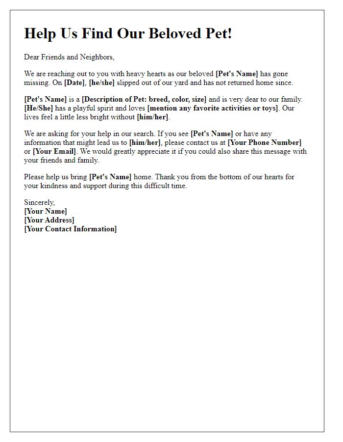 Letter template of emotional appeal for public assistance in pet search.