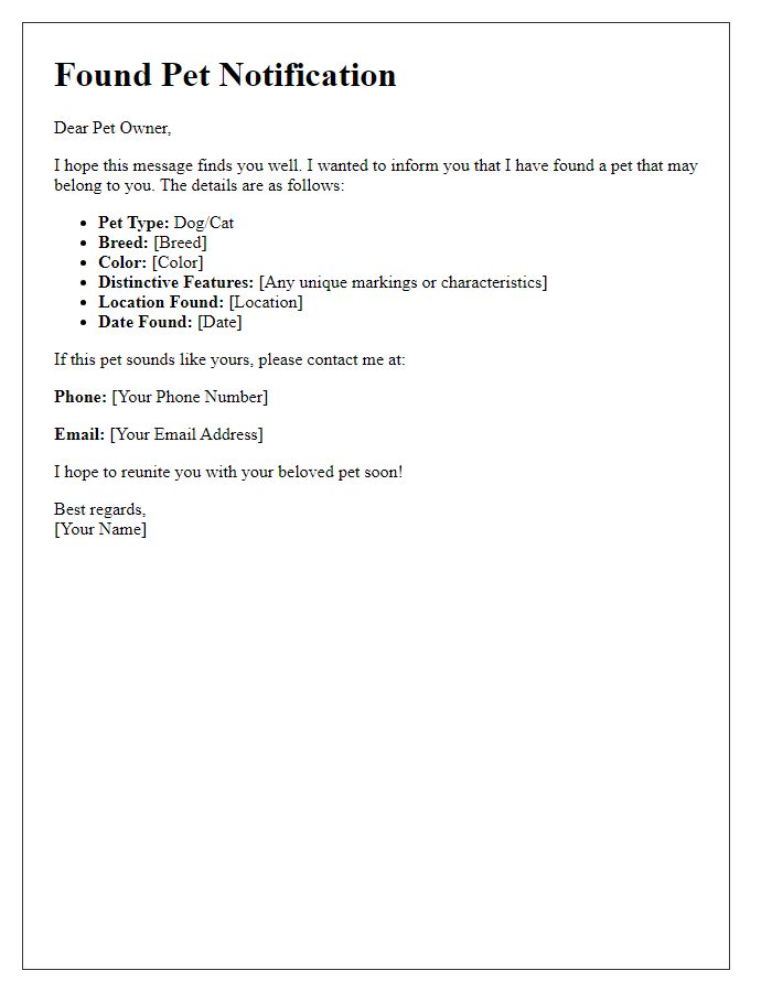 Letter template of found pet notification for reconnecting with owners.