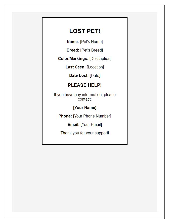 Letter template of lost animal flyer for shops and businesses.