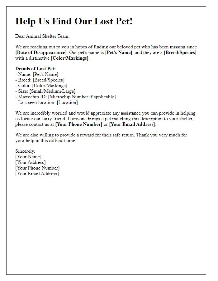 Letter template of searching for lost pet for animal shelters.