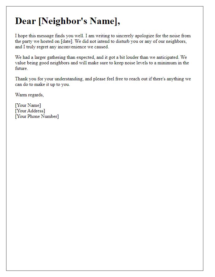 Letter template of apology for noise from a party.