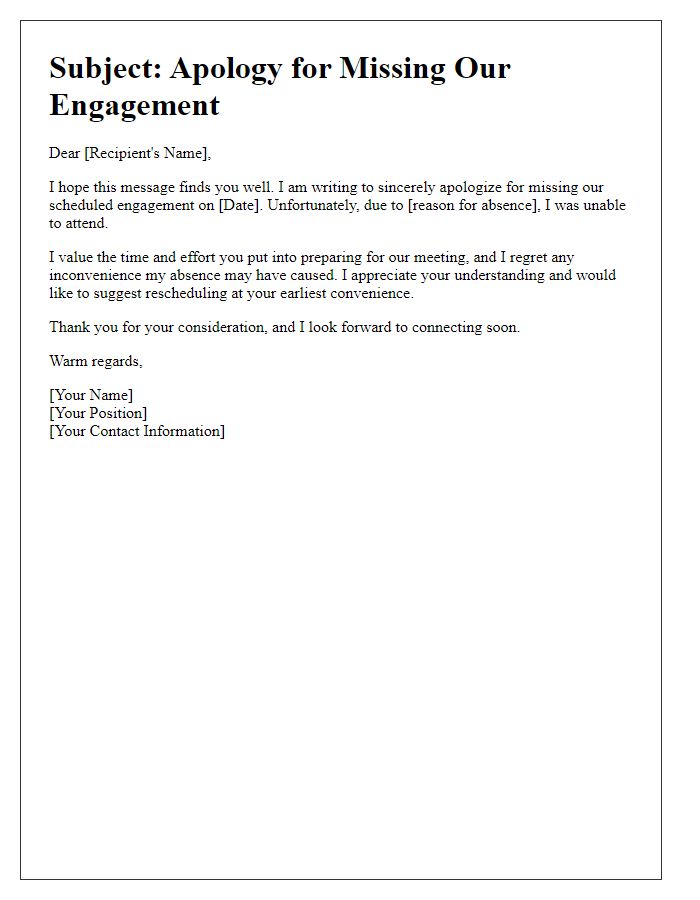 Letter template of regretful message for missing a professional engagement.