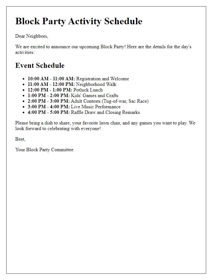 Letter template of activity schedule for block party organization