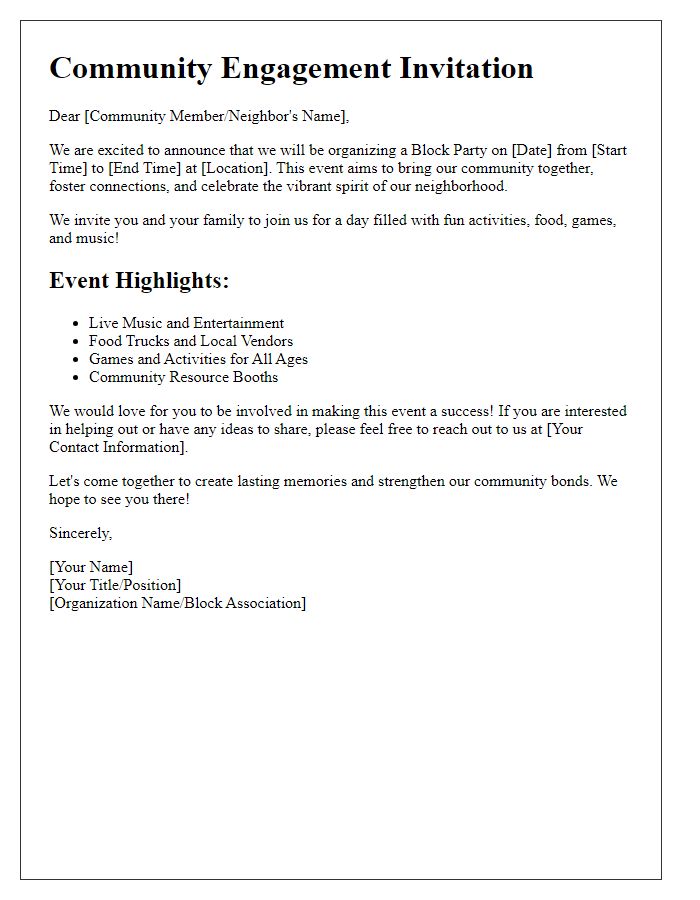 Letter template of community engagement for block party organization