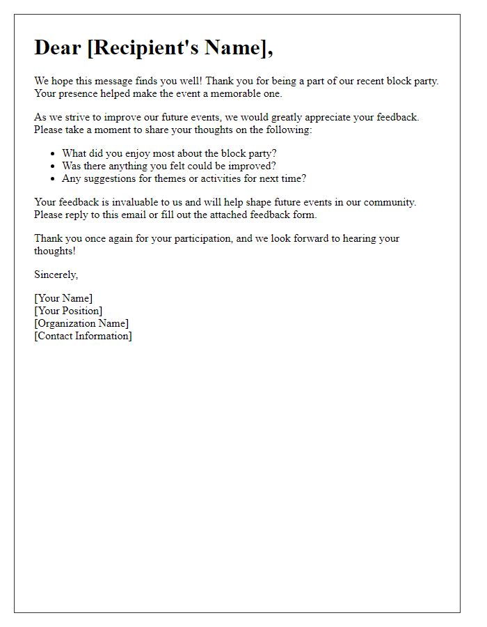 Letter template of feedback request after block party organization