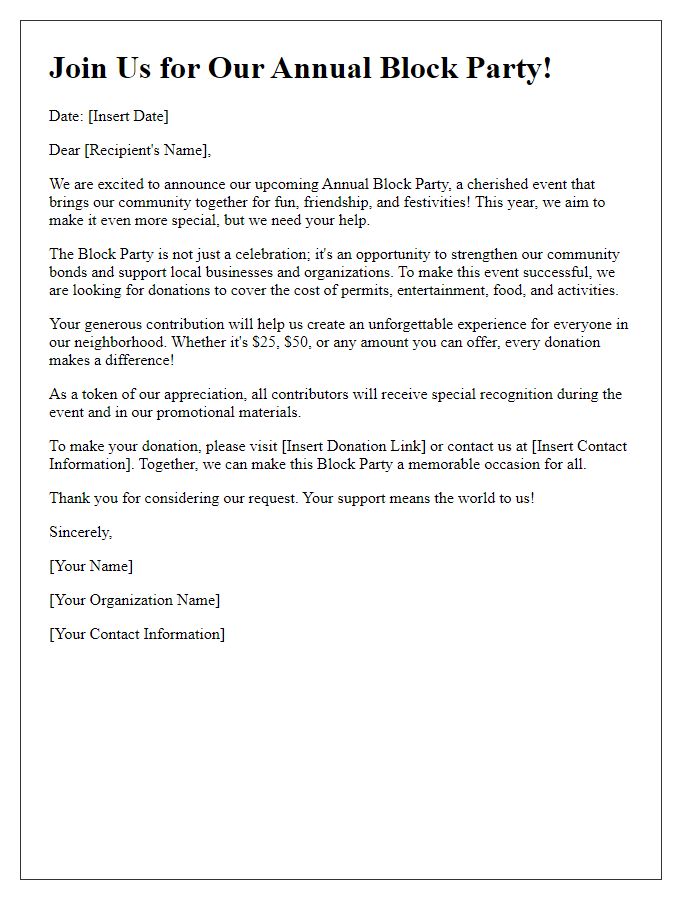 Letter template of fundraising appeal for block party organization