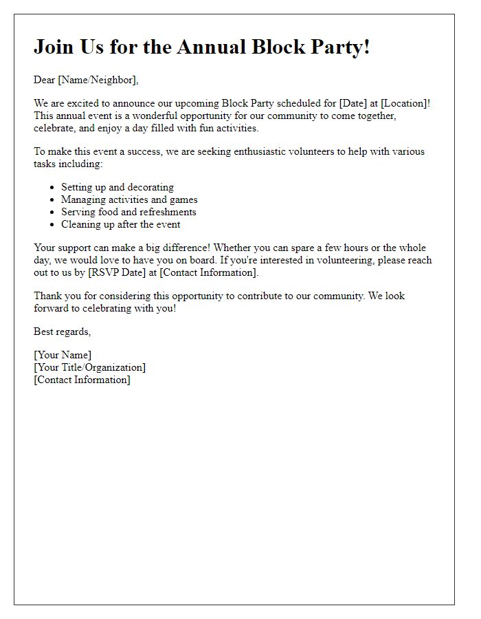 Letter template of volunteer recruitment for block party organization