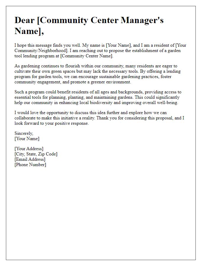 Letter template of appealing to a community center for garden tool lending.