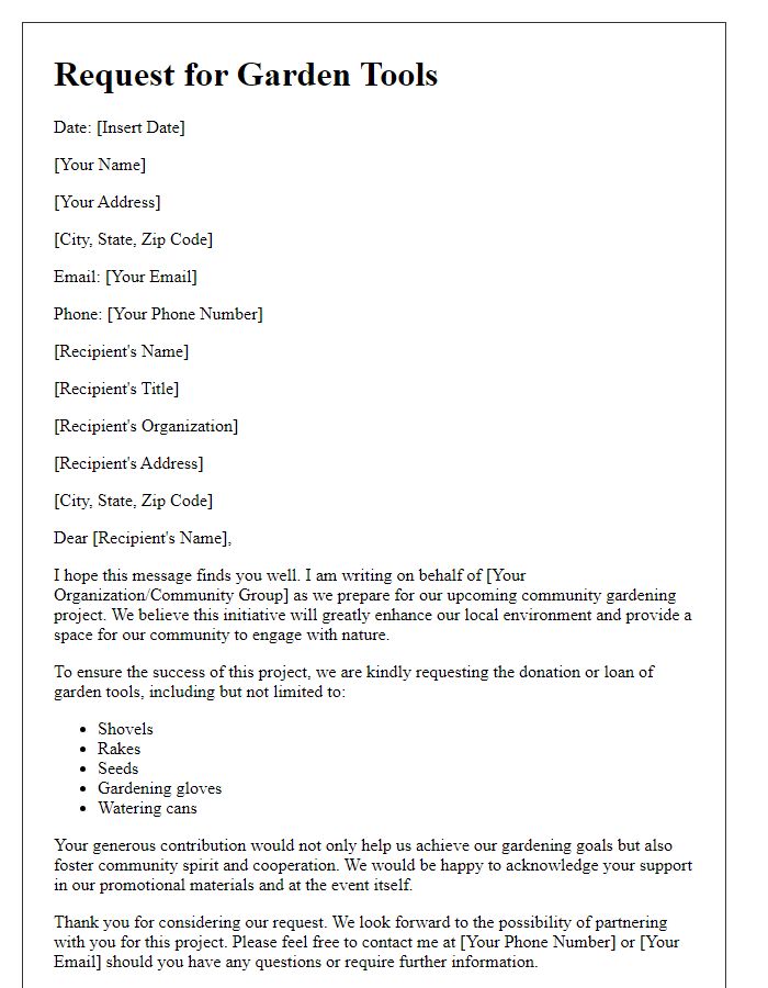 Letter template of requesting garden tools for a community project.