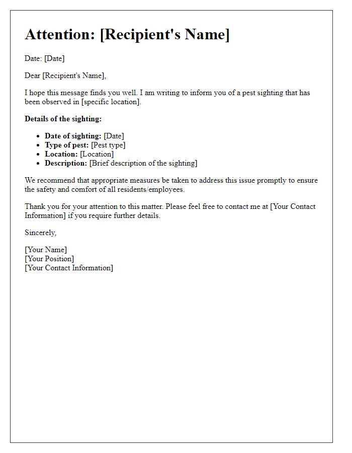 Letter template of pest sighting communication