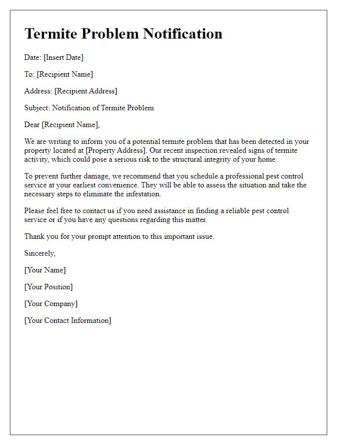 Letter template of termite problem notification