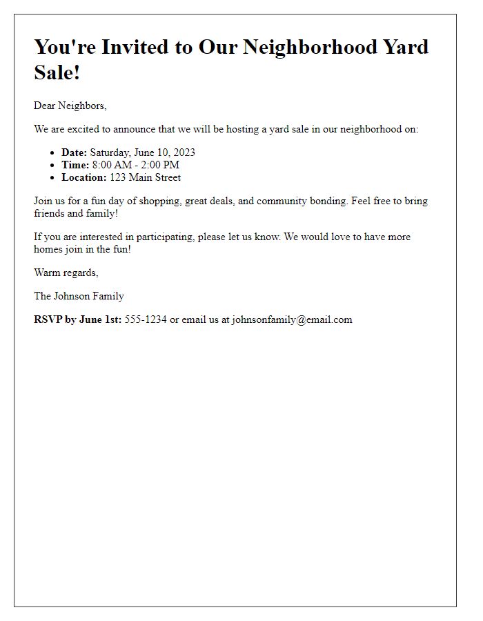 Letter template of neighborhood yard sale invitation