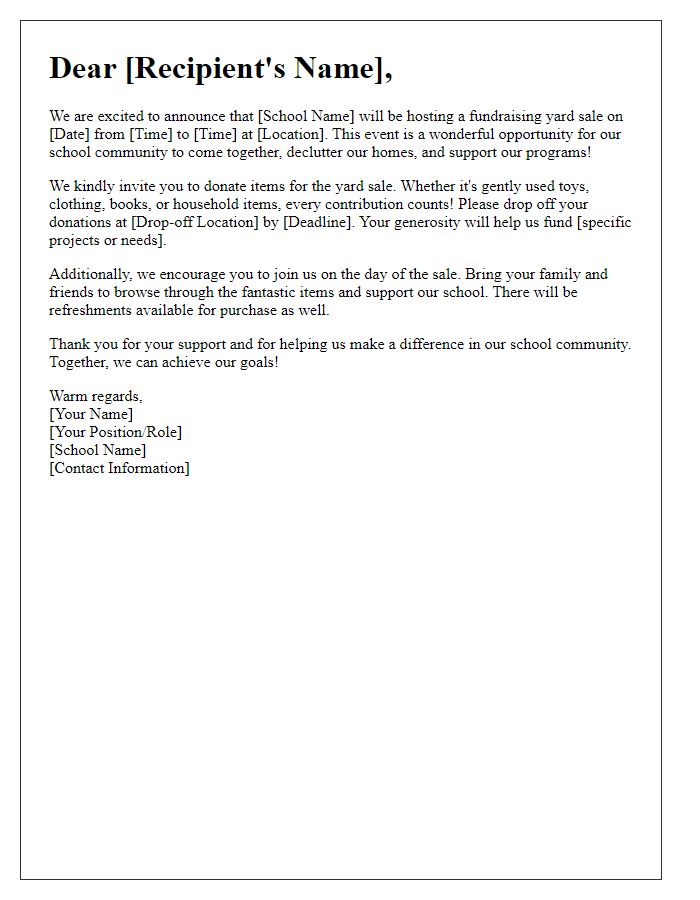 Letter template of school fundraising yard sale