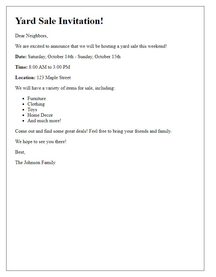 Letter template of weekend yard sale details