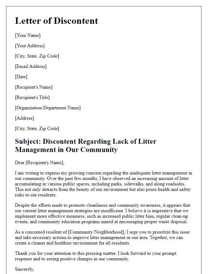 Letter template of discontent regarding the lack of litter management.