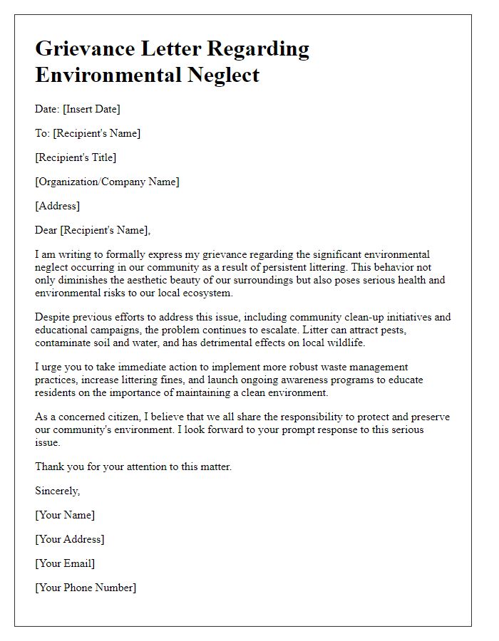 Letter template of grievance over environmental neglect due to littering.