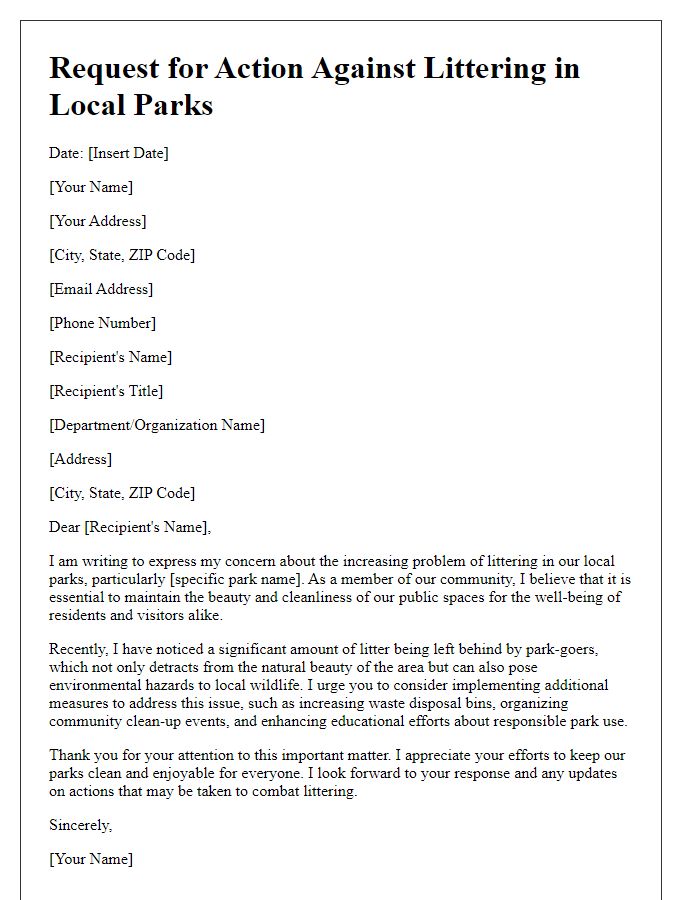 Letter template of request for action against littering in local parks.