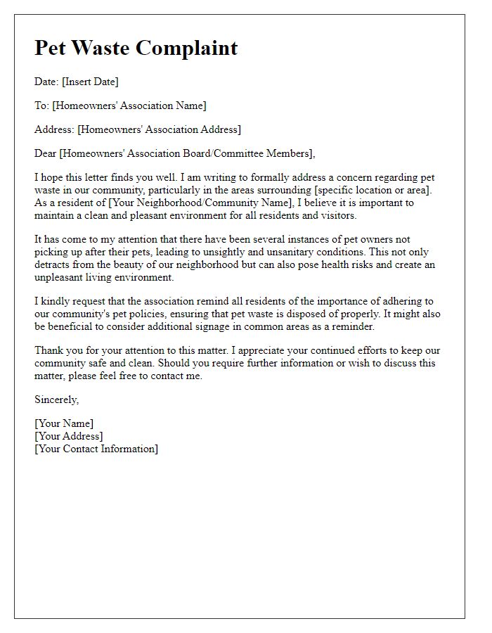 Letter template of pet waste complaint for homeowners' association