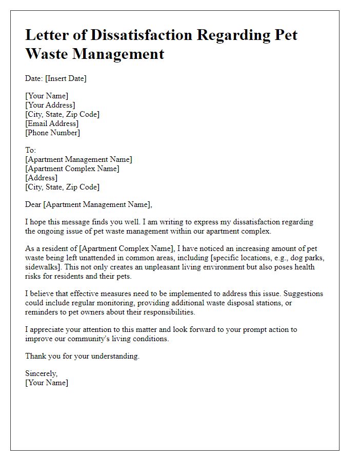 Letter template of pet waste dissatisfaction for apartment management