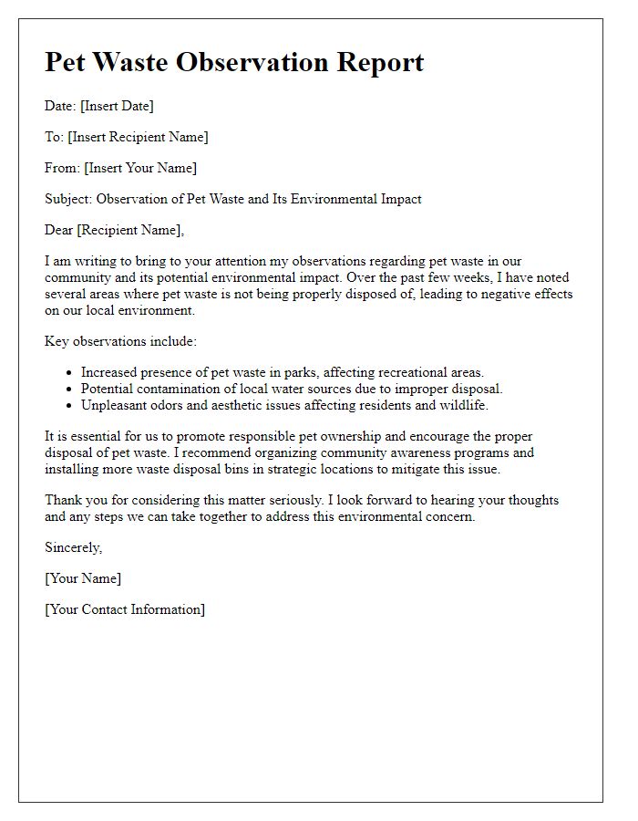 Letter template of pet waste observation for environmental impact