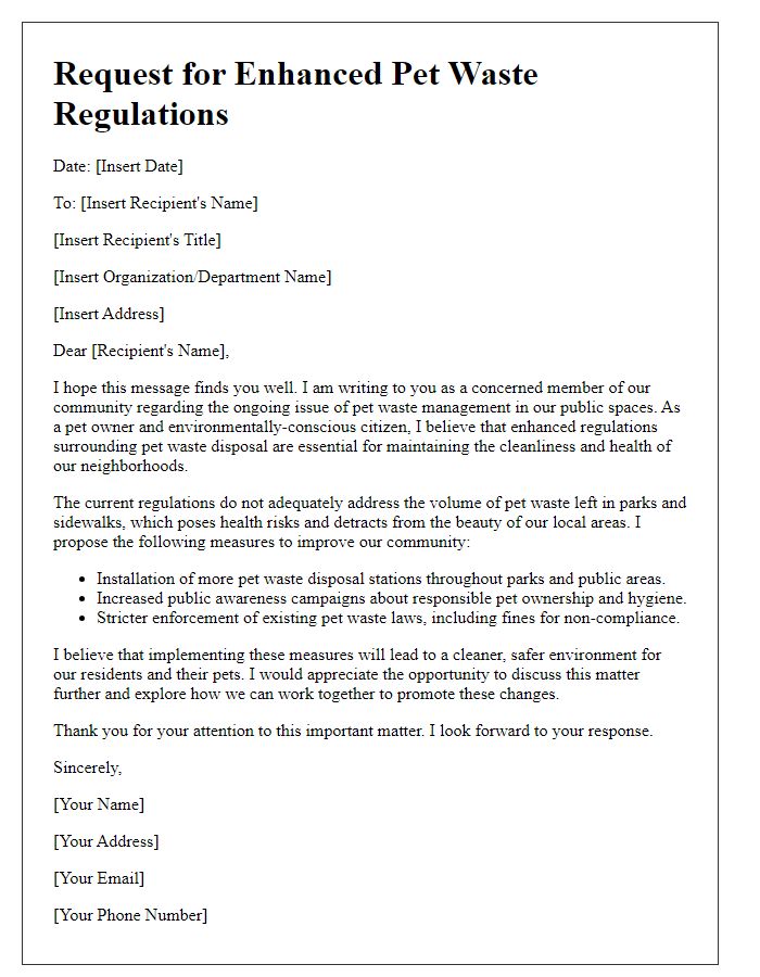 Letter template of pet waste request for enhanced regulations