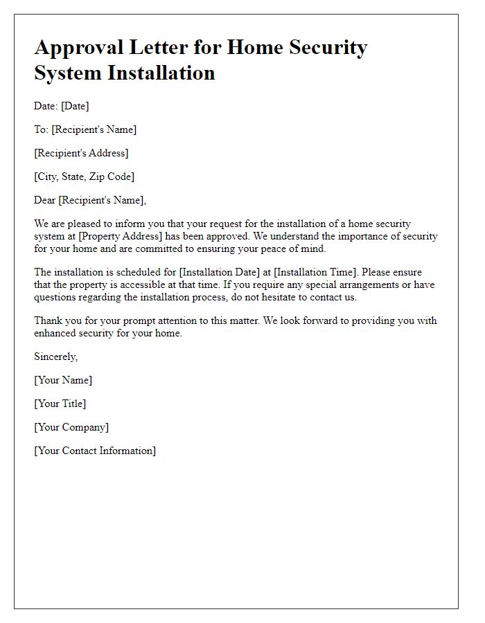 Letter template of approval for home security system installation