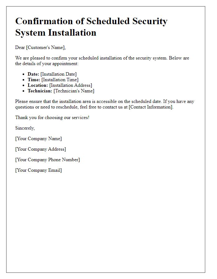 Letter template of confirmation for scheduled security system installation