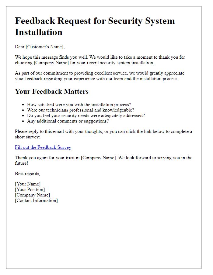 Letter template of feedback request post security system installation
