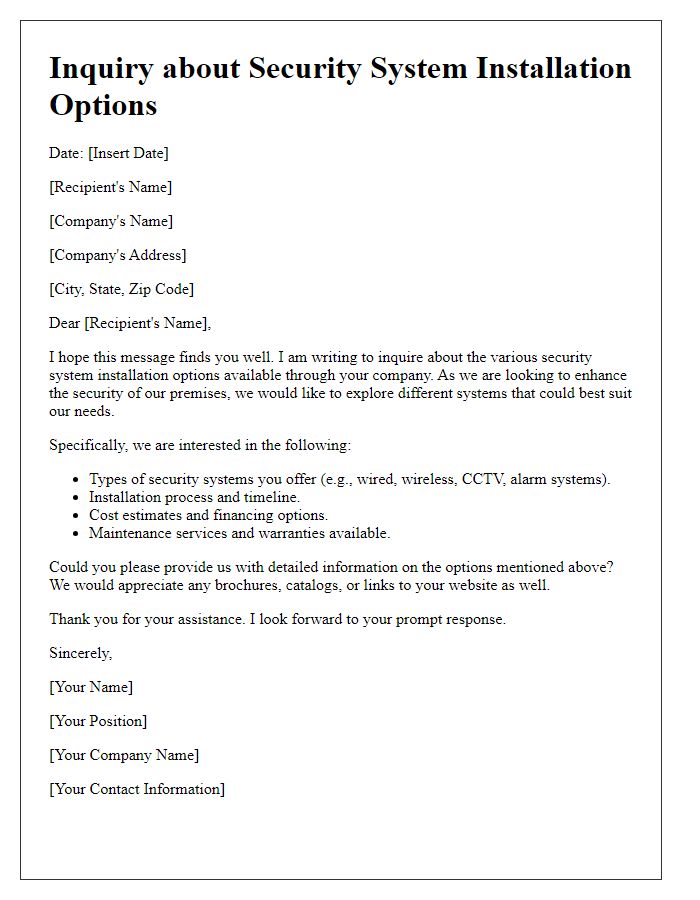 Letter template of inquiry about security system installation options