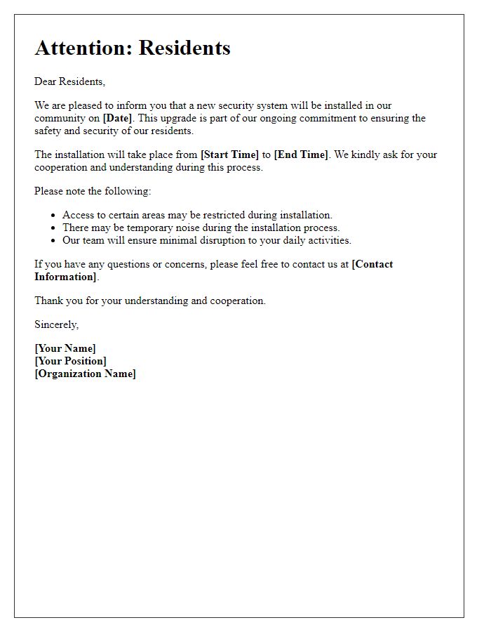 Letter template of notification for upcoming security system installation