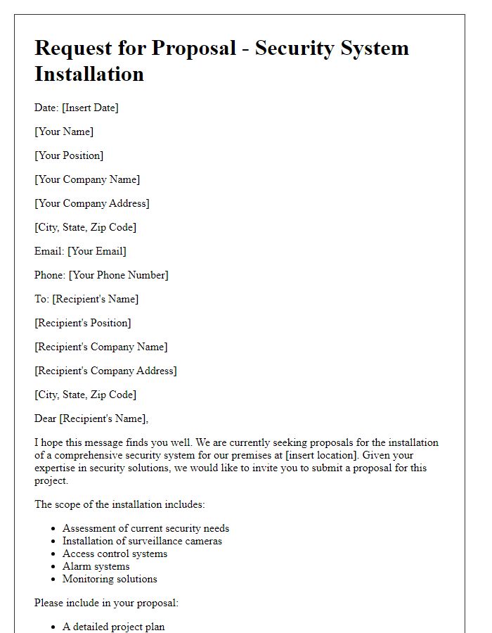 Letter template of request for security system installation proposal