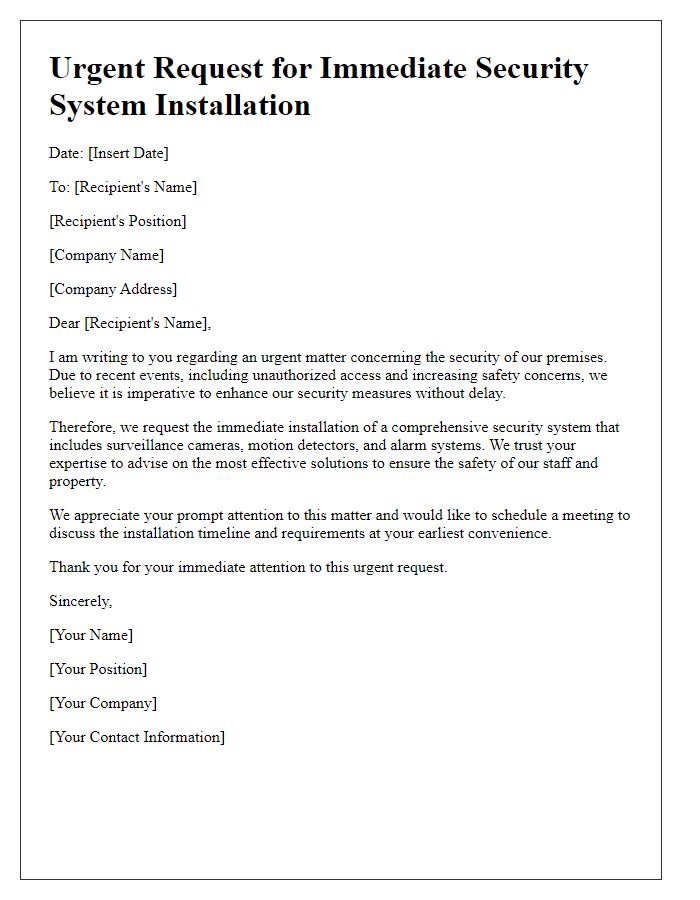 Letter template of urgency for immediate security system installation