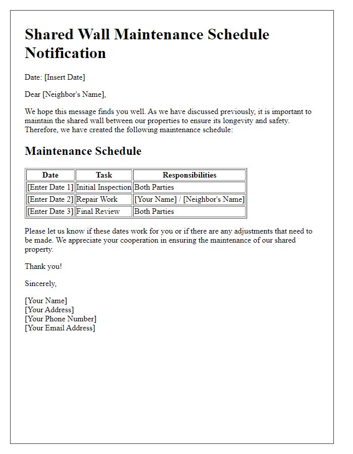 Letter template of shared wall maintenance schedule.