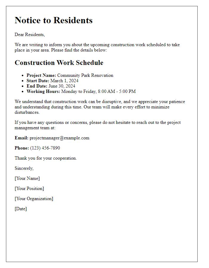 Letter template of construction work schedule for residents.