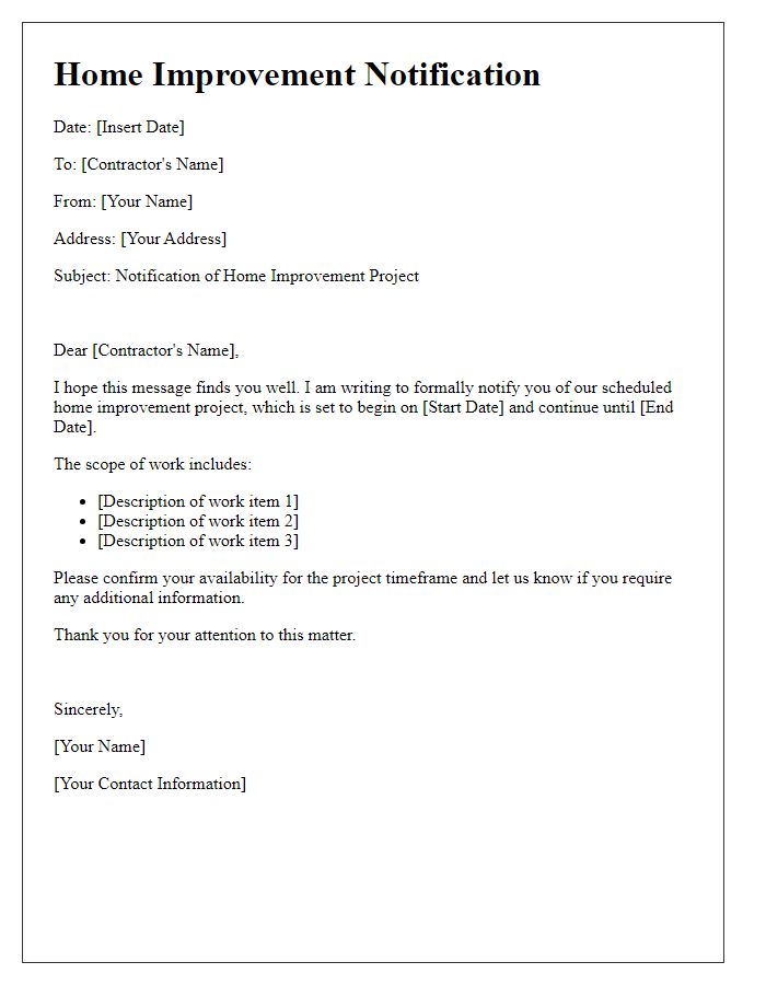 Letter template of home improvement notification for contractors.