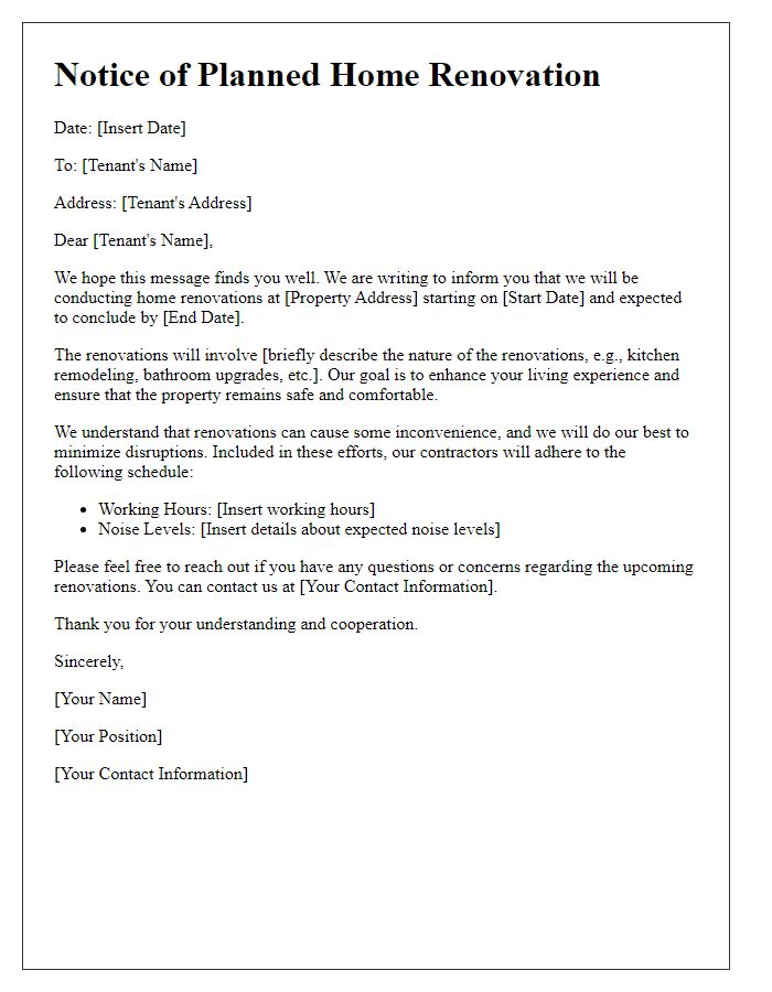 Letter template of home renovation notification for tenants.