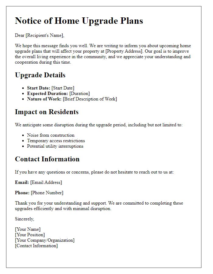 Letter template of home upgrade plans for affected parties.