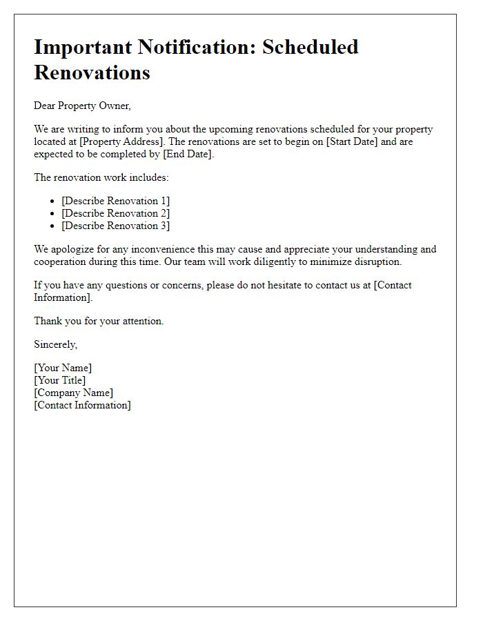 Letter template of scheduled renovations for property owners.