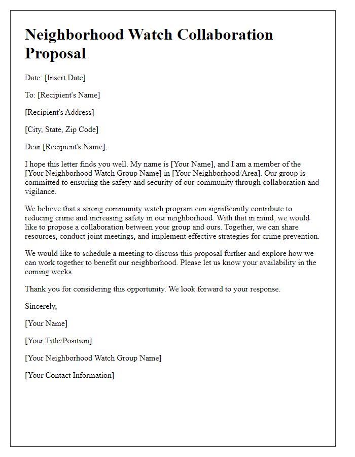 Letter template of neighborhood watch collaboration proposal.