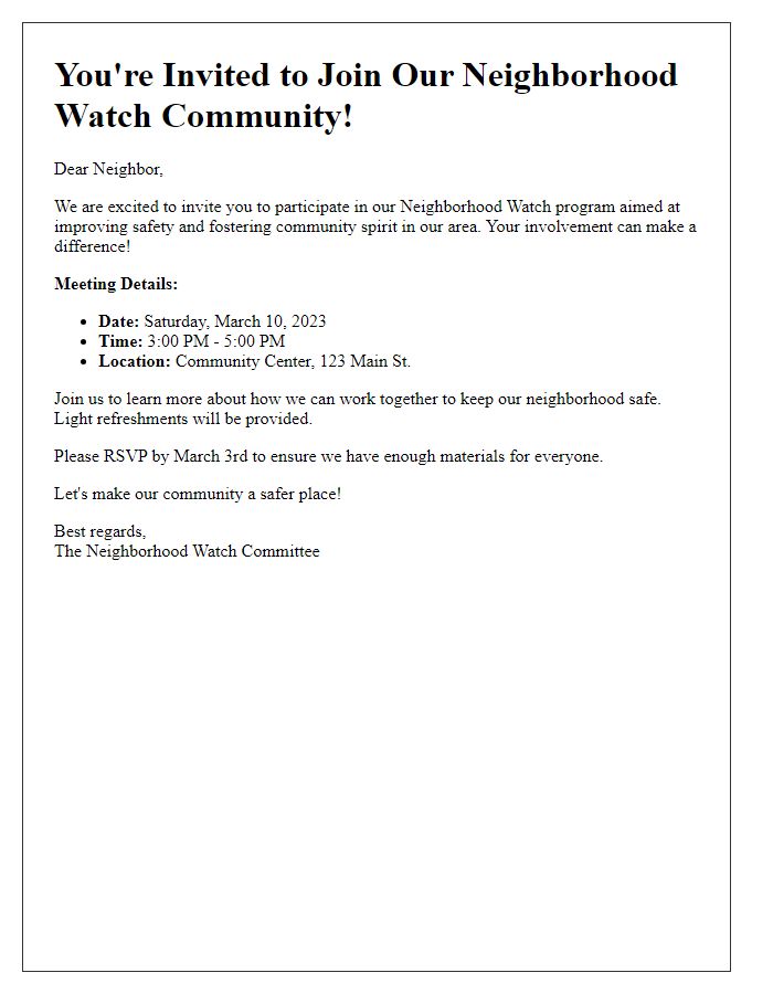 Letter template of neighborhood watch community invitation.