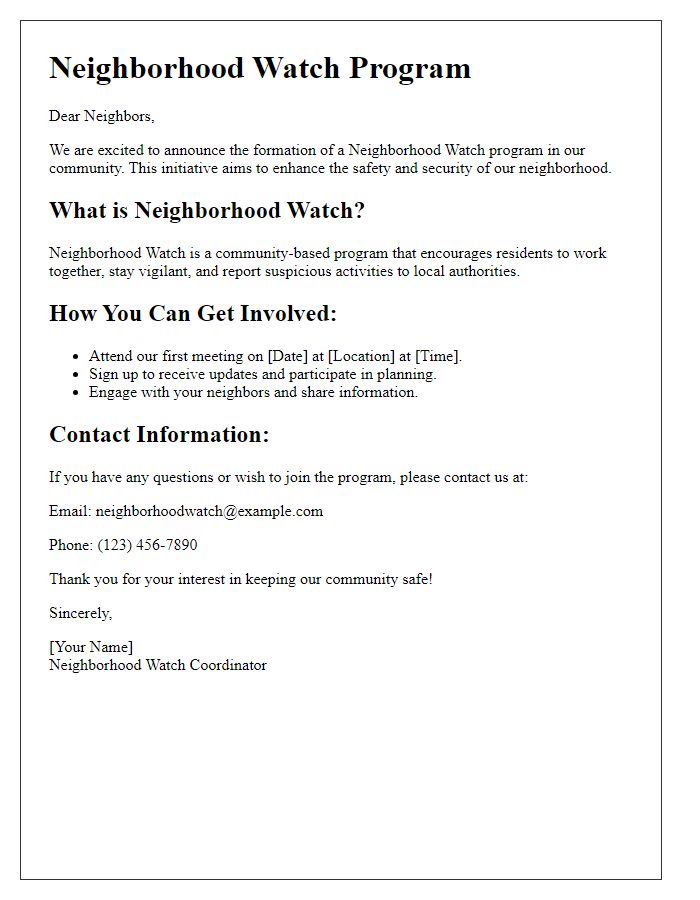 Letter template of neighborhood watch information distribution.