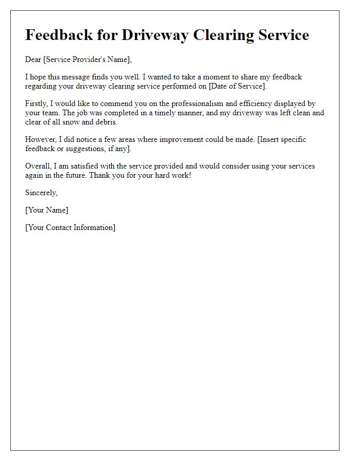 Letter template of driveway clearing service feedback