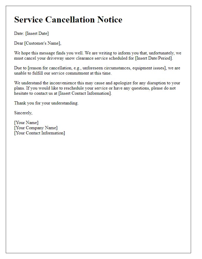 Letter template of driveway snow clearance service cancellation