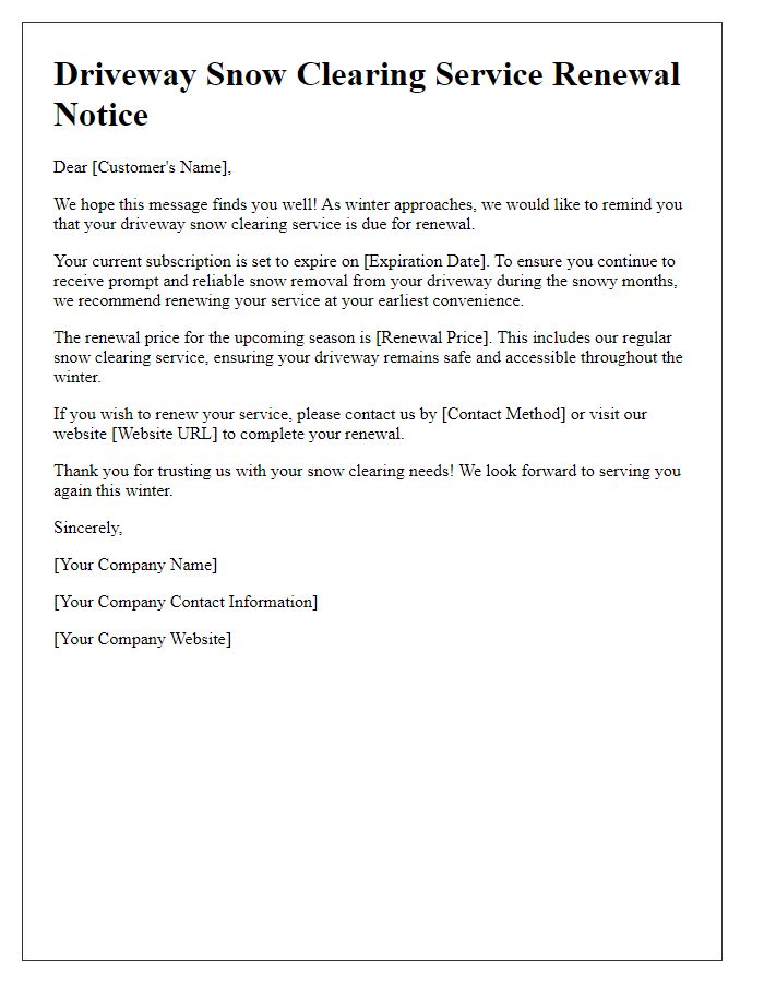 Letter template of driveway snow clearing service renewal notice