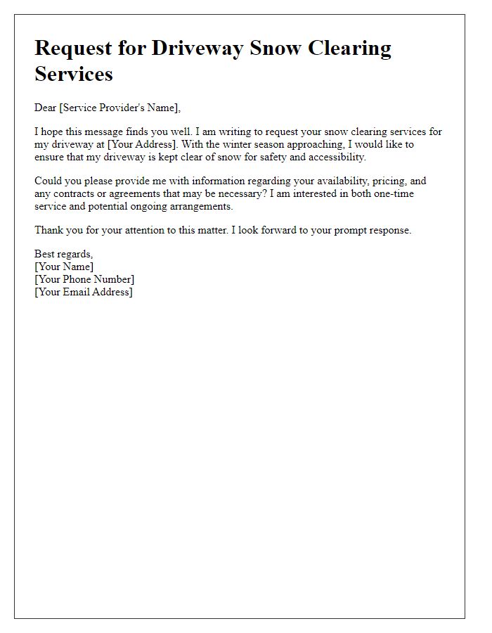 Letter template of driveway snow clearing services request