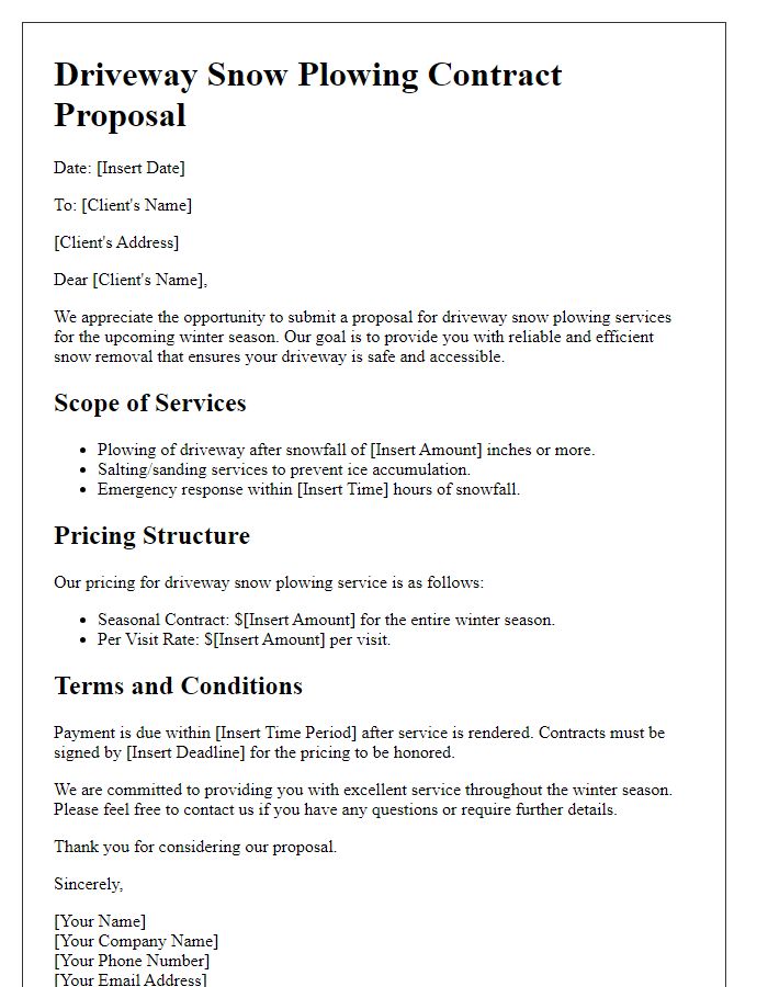 Letter template of driveway snow plowing contract proposal