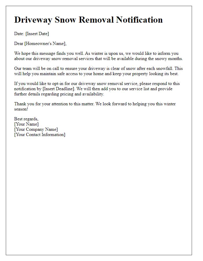 Letter template of driveway snow removal notification