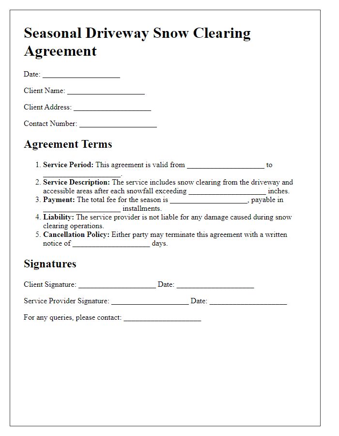 Letter template of seasonal driveway snow clearing agreement