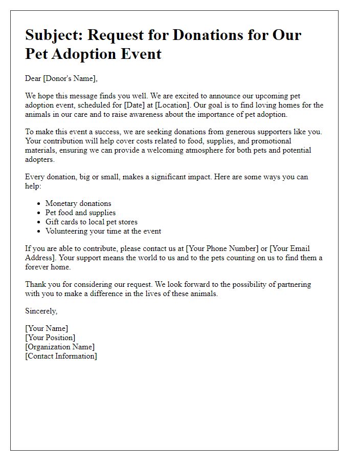 Letter template of donation request for a pet adoption event